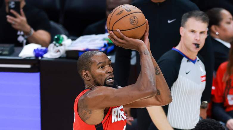 Kevin Durant of the Houston Rockets shoots the ball against the Detroit Pistons.