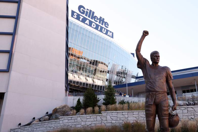 A statue of former New England Patriots quarterback Tom Brady outside of Gillette Stadium before the NFL 2025 game between Cleveland Browns and New England Patriots at Gillette Stadium on October 26, 2025 in Foxborough, Massachusetts.