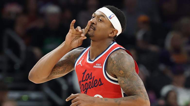 Los Angeles Clippers guard Bradley Beal celebrates after making a three-pointer during an NBA game.