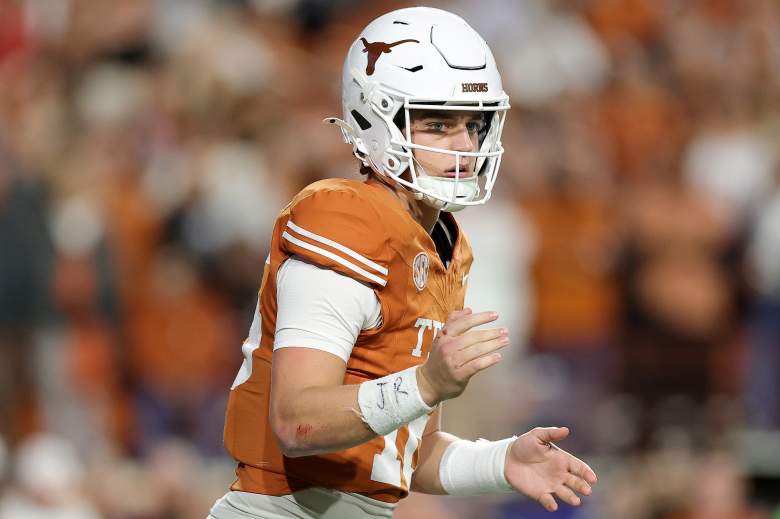 Arch Manning #16 of the Texas Longhorns looks on during the third quarter against the Texas A&M Aggies at Darrell K Royal-Texas Memorial Stadium on November 28, 2025 in Austin, Texas.