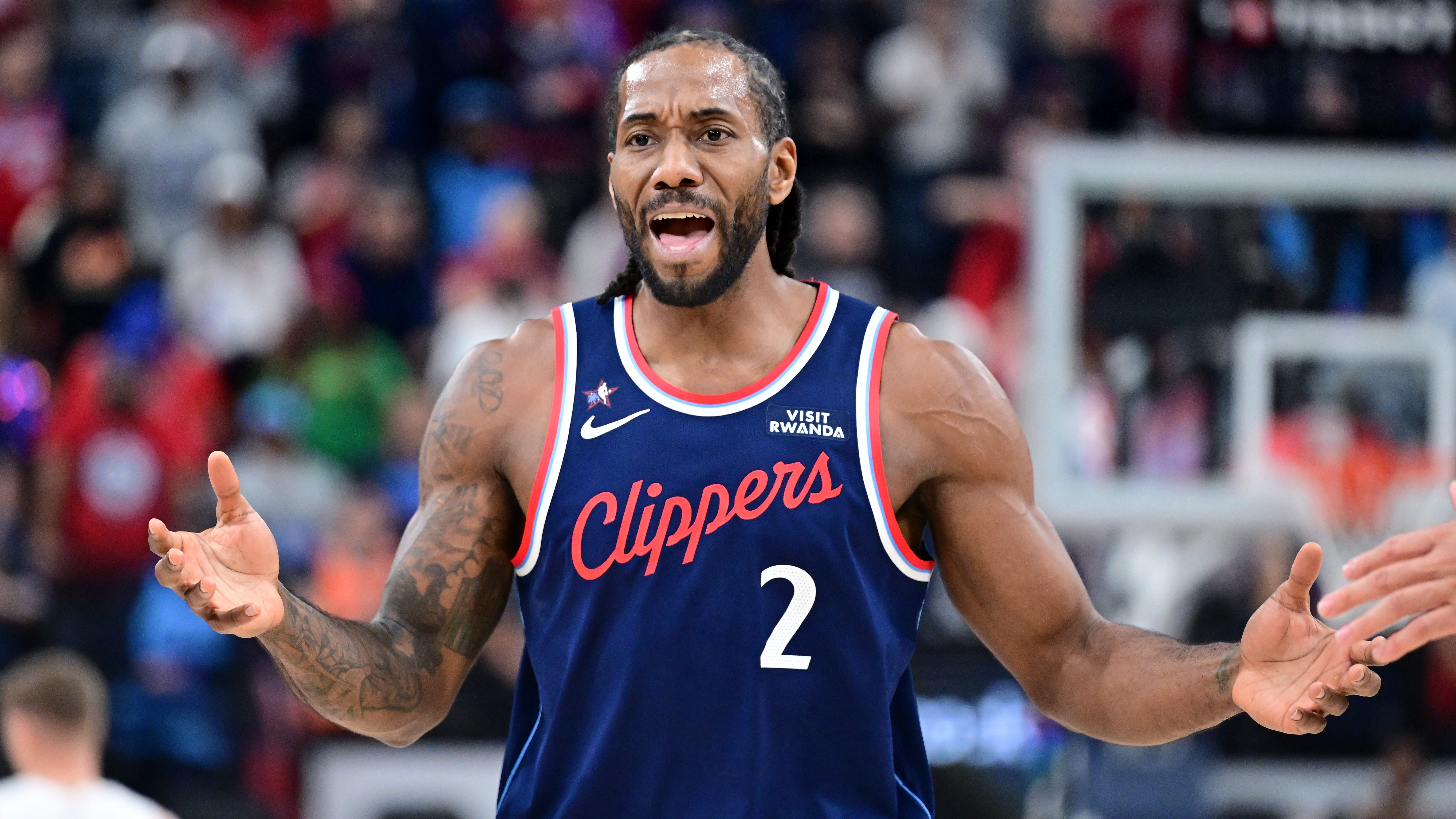 Los Angeles Clippers forward Kawhi Leonard reacts during an NBA game as the team's blockbuster trade with the Toronto Raptors remains on hold.