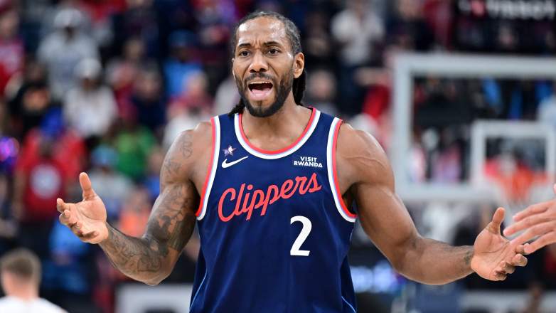 Los Angeles Clippers forward Kawhi Leonard reacts during an NBA game as the team's blockbuster trade with the Toronto Raptors remains on hold.