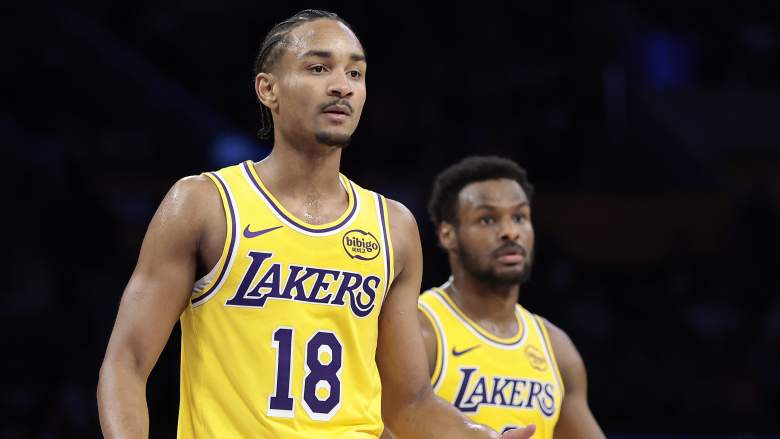 Kobe Bufkin and Bronny James during a Los Angeles Lakers NBA game.
