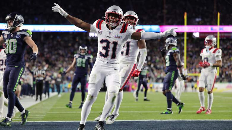 Patriots defensive back Craig Woodson celebrates during Super Bowl LX against the Seattle Seahawks.