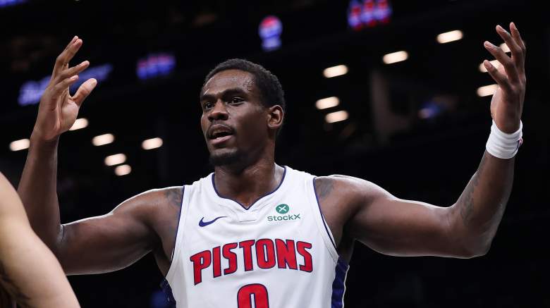 Detroit Pistons center Jalen Duren reacts during an NBA game as contract negotiations continue with the franchise.