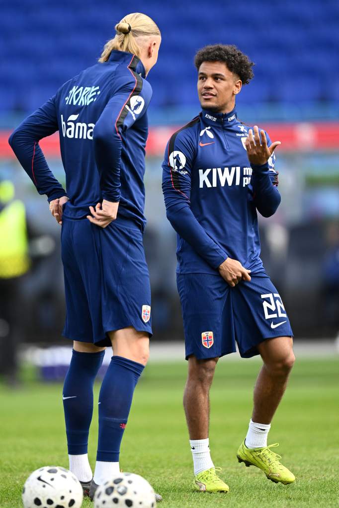 Oscar Bobb talks with Erling Haaland of Norway as they warm up prior to the international friendly match between Norway and Switzerland at Ullevaal Stadion on March 31, 2026 in Oslo, Norway