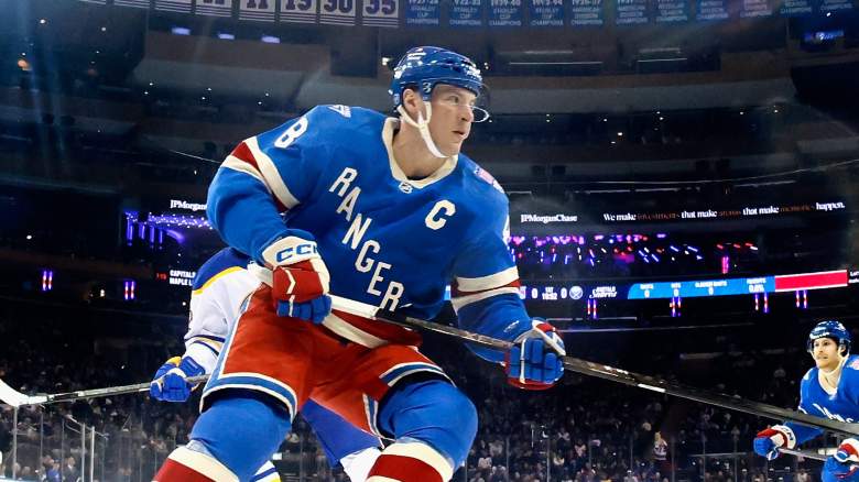 J.T. Miller #8 of the New York Rangers skates against the Buffalo Sabres at Madison Square Garden on April 08, 2026 in New York City. The Sabres defeated the Rangers 5-3.