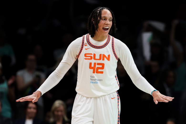Brittney Griner #42 of the Connecticut Sun reacts during the fourth quarter of the season opener against the New York Liberty at Barclays Center on May 08, 2026 in the Brooklyn borough of New York City. The New York Liberty won 106-75.