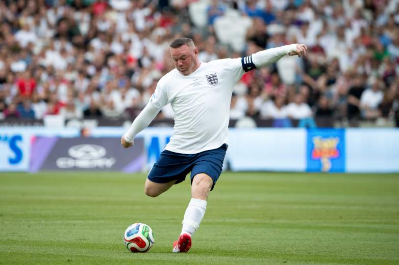 Wayne Rooney shoots during Soccer Aid 2026 at The London Stadium on May 31, 2026 in London, England.