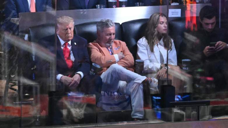 President Donald Trump sits beside Knicks owner James Dolan during Game 3 of the NBA Finals at Madison Square Garden.