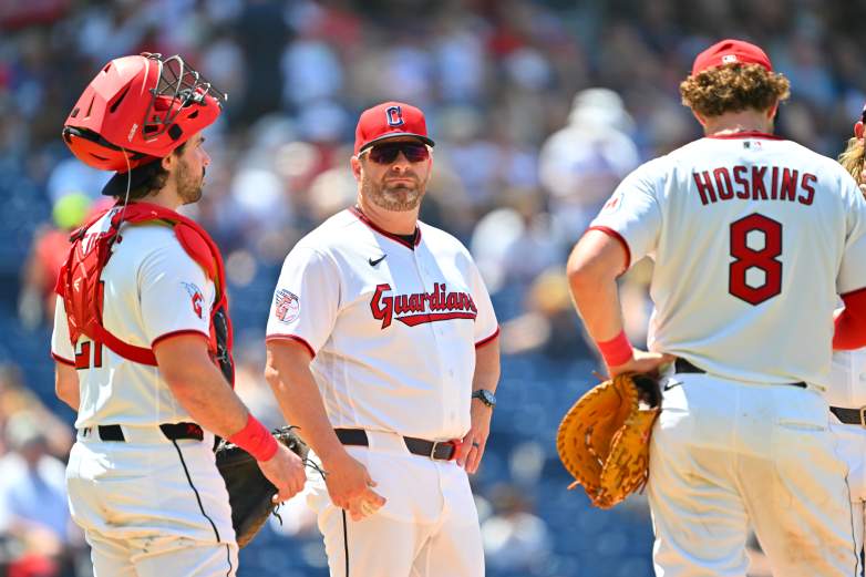 CLEVELAND, OHIO - JULY 01: Manager Stephen Vogt of the Cleveland Guardians waits for a pitching change during the sixth inning against the Texas Rangers at Progressive Field on July 01, 2026 in Cleveland, Ohio. (Photo by Jason Miller/Getty Images)