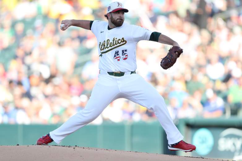 SACRAMENTO, CALIFORNIA - JULY 04: Aaron Civale #45 of the Athletics pitches against the Miami Marlins during the first inning at Sutter Health Park on July 04, 2026 in Sacramento, California. (Photo by Scott Marshall/Getty Images)