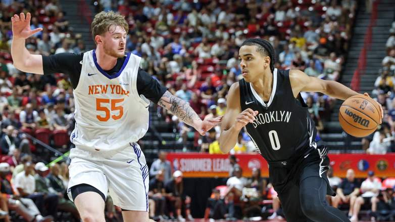 New York Knicks rookie Tyler Nickel defends Brooklyn Nets rookie Mikel Brown Jr., the No. 6 overall pick in the 2026 NBA Draft, during NBA Summer League in Las Vegas.