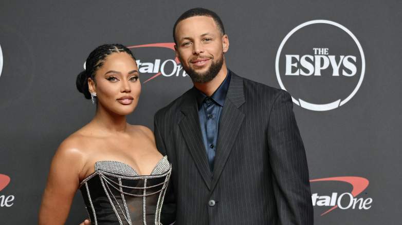 Ayesha Curry and Stephen Curry pose together on the red carpet at the 2026 ESPYs.