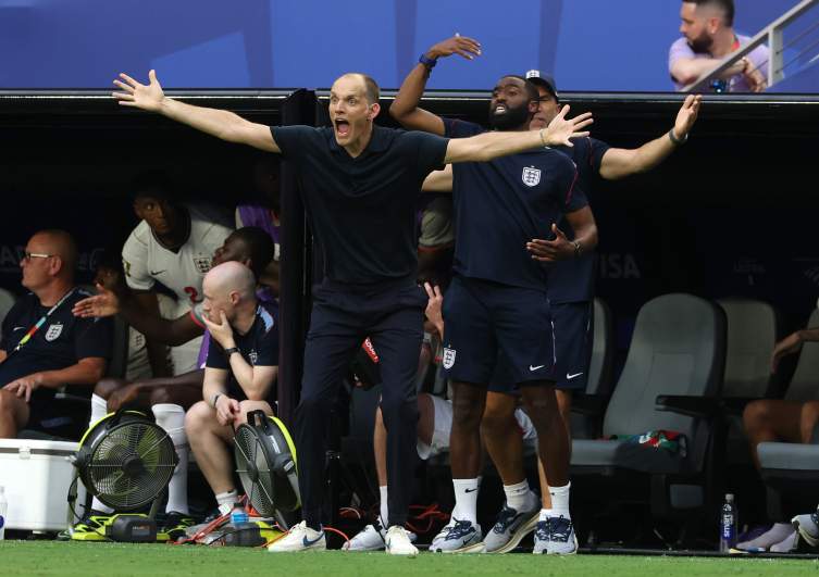 Thomas Tuchel, Manager of England, reacts during the FIFA World Cup 2026 Quarter Final match between Norway and England at Miami Stadium on July 11, 2026 in Miami Gardens, Florida
