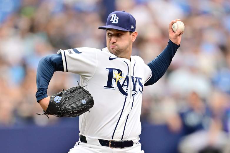 ST PETERSBURG, FLORIDA - JULY 12: Ian Seymour #61 of the Tampa Bay Rays delivers a pitch in the second inning against the Seattle Mariners at Tropicana Field on July 12, 2026 in St Petersburg, Florida. (Photo by Julio Aguilar/Getty Images)