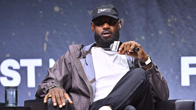 LeBron James speaks on stage at Fanatics Fest in New York as the Miami Heat await his free-agency decision.