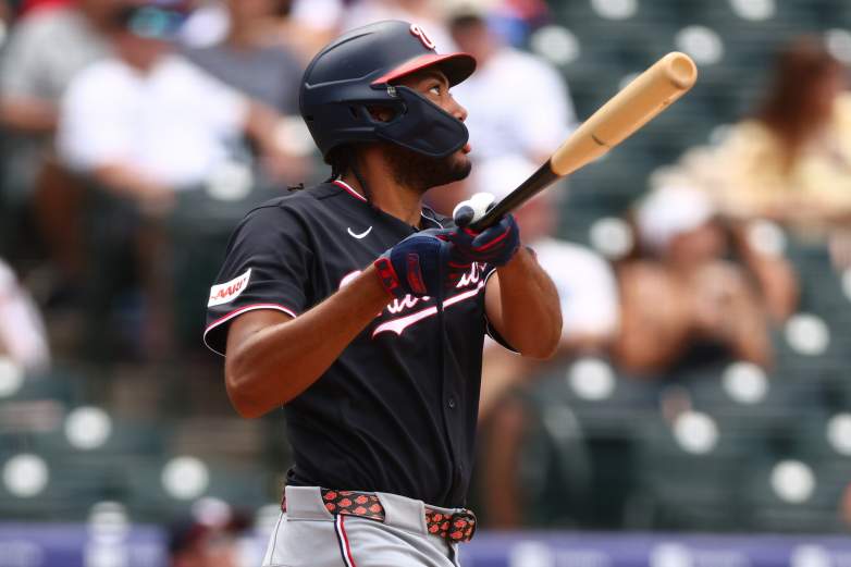 DENVER, CO - JULY 22: James Wood #29 of the Washington Nationals hits an RBI sacrifice fly in the fifth inning against the Colorado Rockies at Coors Field on July 22, 2026 in Denver, Colorado. (Photo by Justin Edmonds/Getty Images)