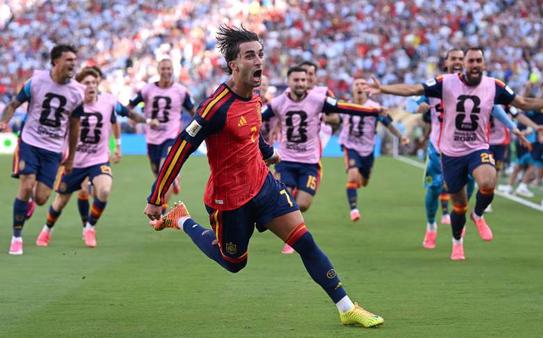 Ferran Torres celebrates after scoring the winning goal for Spain against Argentina in the 2026 FIFA World Cup final.