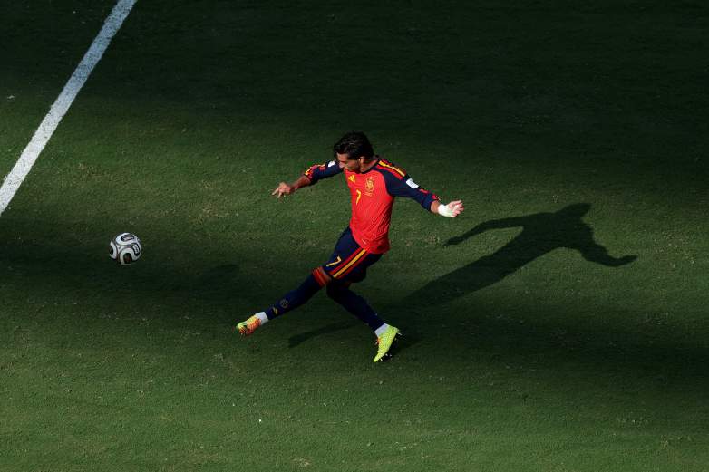 Spain forward Ferran Torres shoots the ball before scoring against Argentina during the 2026 FIFA World Cup final.