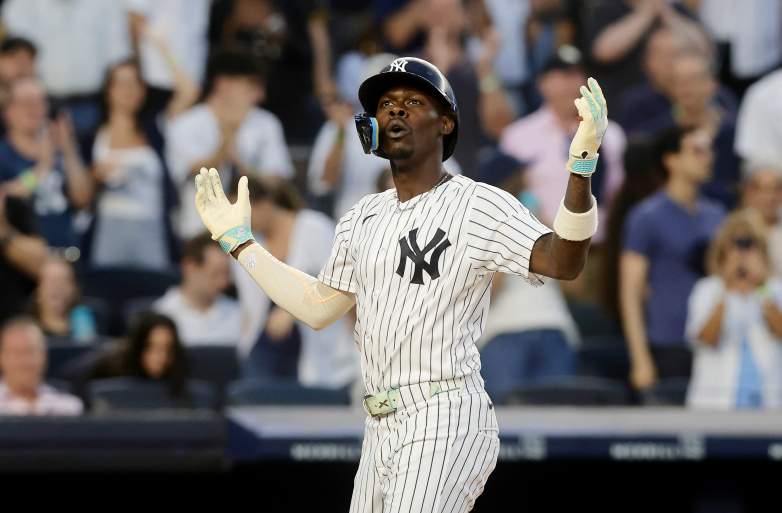 NEW YORK, NEW YORK - JULY 20: Jazz Chisholm Jr. #13 of the New York Yankees reacts as he runs the bases after his third inning two-run home run against the Pittsburgh Pirates at Yankee Stadium on July 20, 2026 in New York City. (Photo by Jim McIsaac/Getty Images)