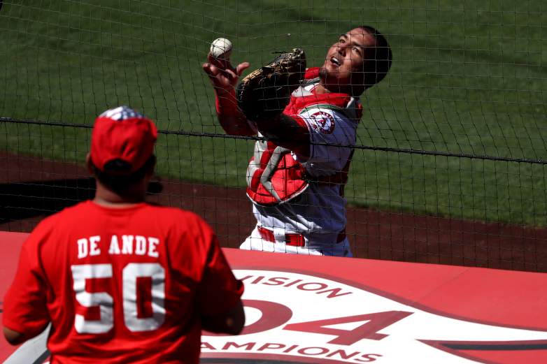 ANAHEIM, CA - SEPTEMBER 11:  Carlos Perez #58 of the Los Angeles Angels of Anaheim drops a fould ball hit by Carlos Gomez #14 of the Texas Rangers during the fifth  inning of a game at Angel Stadium of Anaheim on September 11, 2016 in Anaheim, California.  (Photo by Sean M. Haffey/Getty Images)