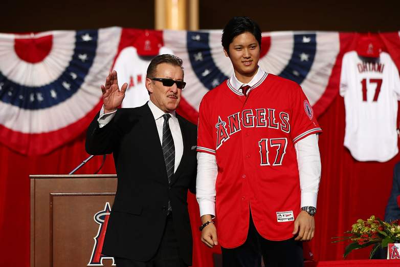 Arte Moreno and Shohei Ohtani at Ohtani's introductory press conference in 2017
