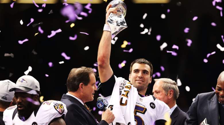 Super Bowl MVP Joe Flacco #5 of the Baltimore Ravens celebrates with the Vince Lombardi trophy after the Ravens won 34-31 against the San Francisco 49ers during Super Bowl XLVII at the Mercedes-Benz Superdome on February 3, 2013