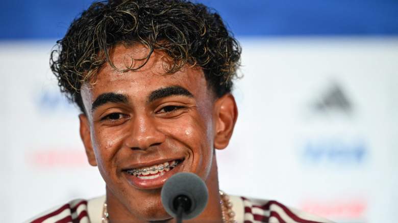 Lamine Yamal gives an MD-1 press conference at the Dallas Stadium in Arlington on July 13, 2026, on the eve of the 2026 World Cup football tournament semi-final match between France and Spain.