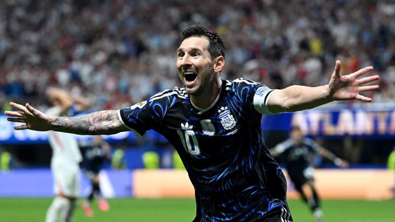 Lionel Messi #10 of Argentina celebrates the team's second goal by Lautaro Martinez #22 during the FIFA World Cup 2026 Semi Final match between England and Argentina at Atlanta Stadium on July 15, 2026