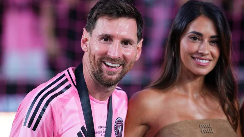 Lionel Messi #10 of Inter Miami CF and Antonella Rocuzzo pose for a photo after winning the championship following the Audi 2025 MLS Cup Final match between Inter Miami CF and Vancouver Whitecaps FC at Chase Stadium on December 06, 2025 in Fort Lauderdale, Florida