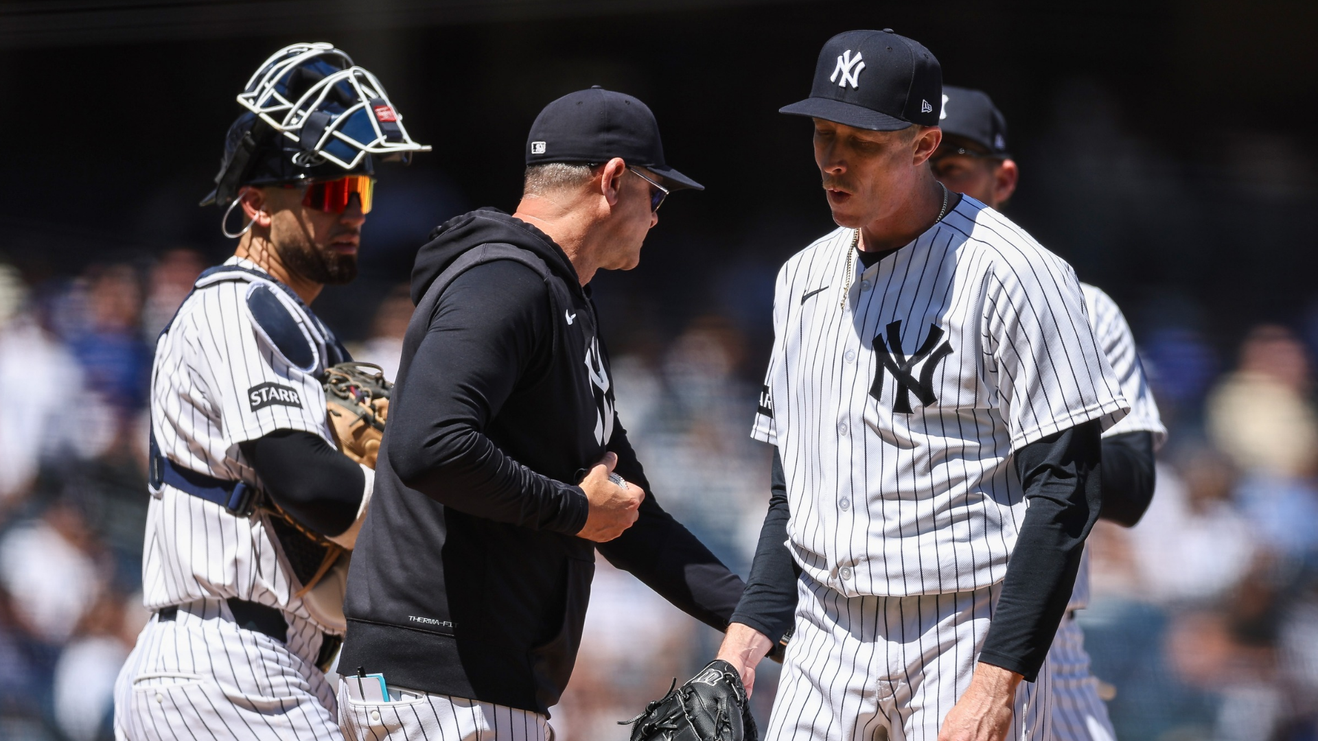 Tim Hill #41 of the New York Yankees walks off the mound after pitching during the sixth inning against the Texas Rangers at Yankee Stadium on May 07, 2026 in the Bronx borough of New York City. (Photo by Ishika Samant/Getty Images)