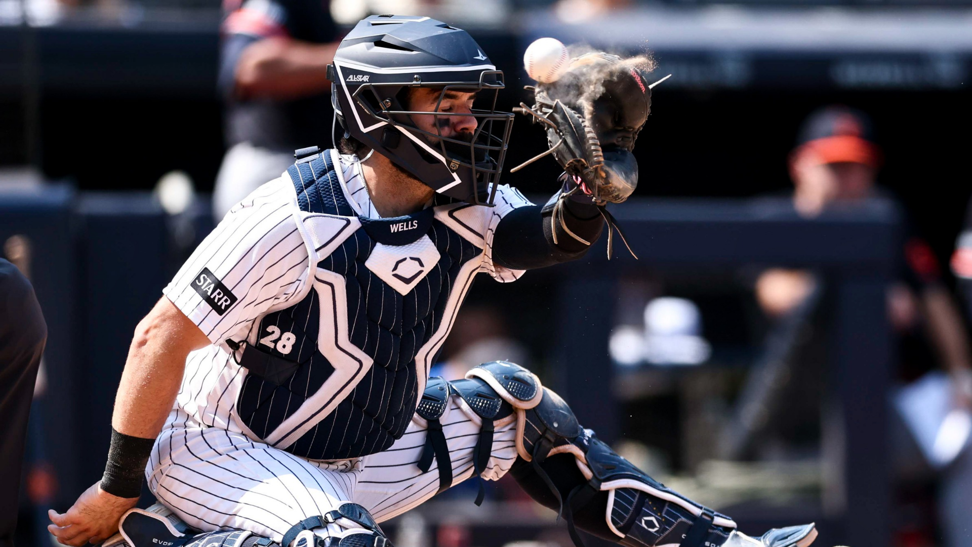 Austin Wells #28 of the New York Yankees reaches for a wild pitch during the eighth inning against the Detroit Tigers at Yankee Stadium on July 01, 2026 in New York City. (Photo by Caleb Bowlin/Getty Images)