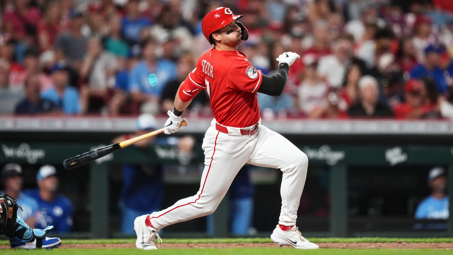Spencer Steer #7 of the Cincinnati Reds watches his solo home run during the eighth inning of a baseball game against the Kansas City Royals at Great American Ball Park on June 02, 2026 in Cincinnati, Ohio. (Photo by Jeff Dean/Getty Images)