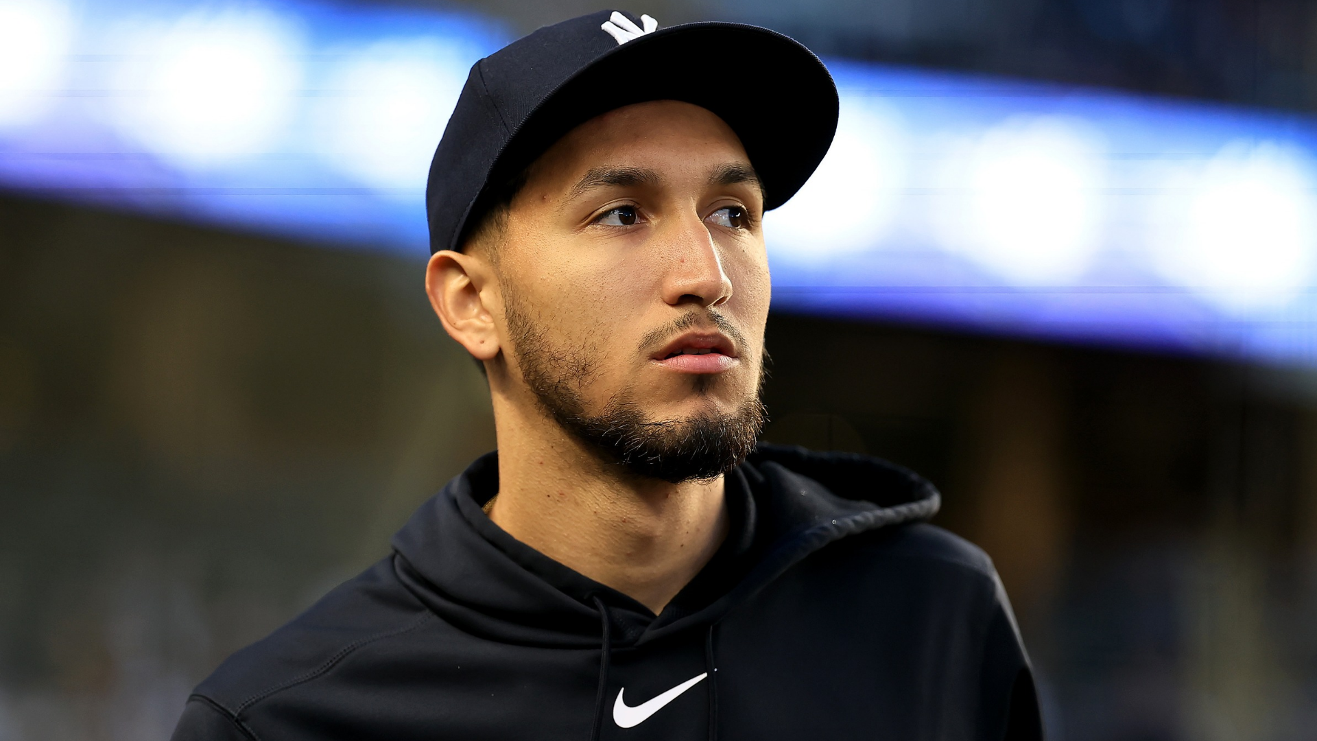 Elmer Rodriguez #71 of the New York Yankees looks on from the dugout in the second inning against the Baltimore Orioles at Yankee Stadium on May 01, 2026 in the Bronx borough of New York City. (Photo by Elsa/Getty Images)