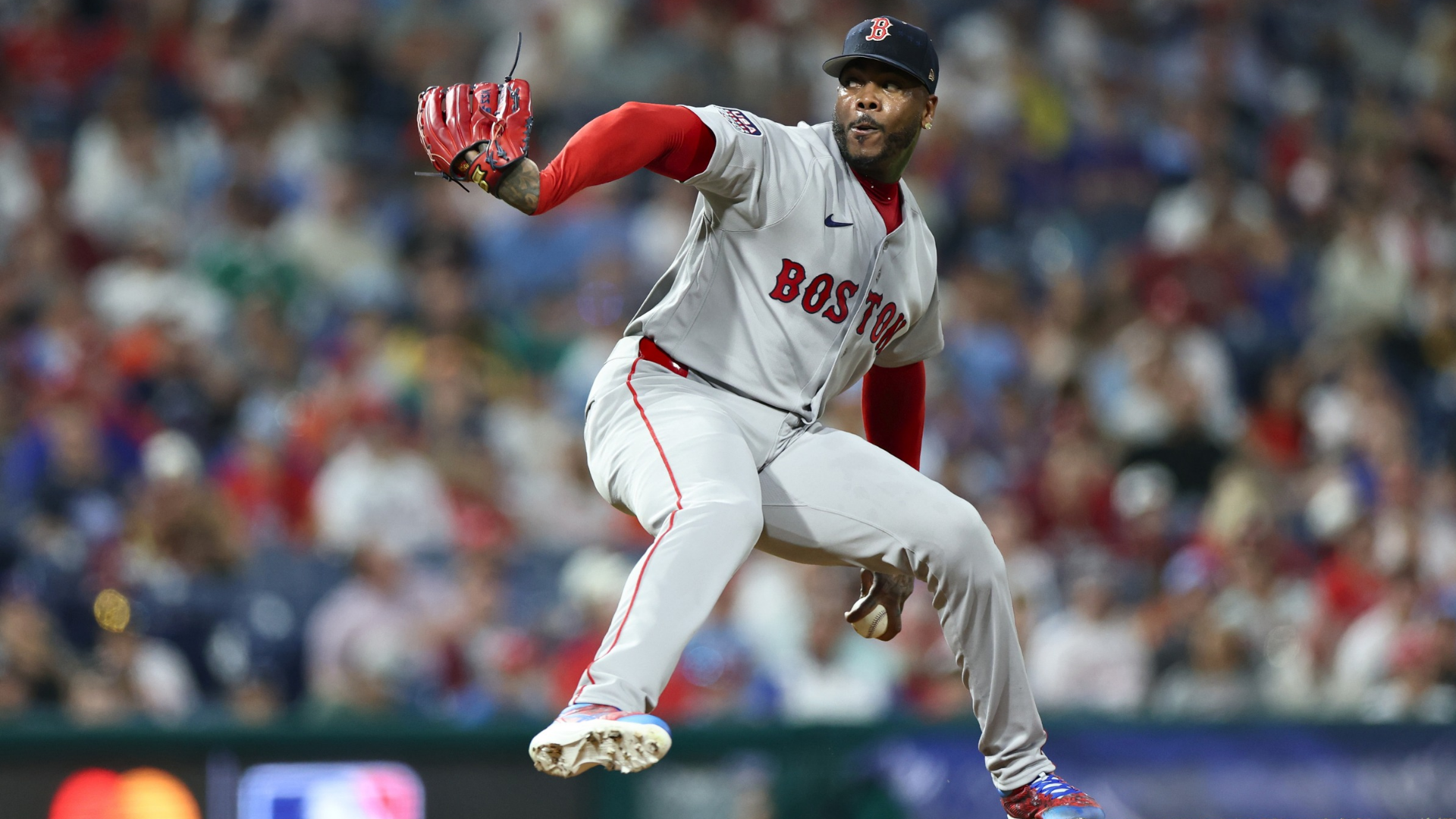 Aroldis Chapman #44 of the Boston Red Sox throws a pitch during the ninth inning of the 2026 MLB All-Star Game at Citizens Bank Park on July 14, 2026 in Philadelphia, Pennsylvania. (Photo by Al Bello/Getty Images)