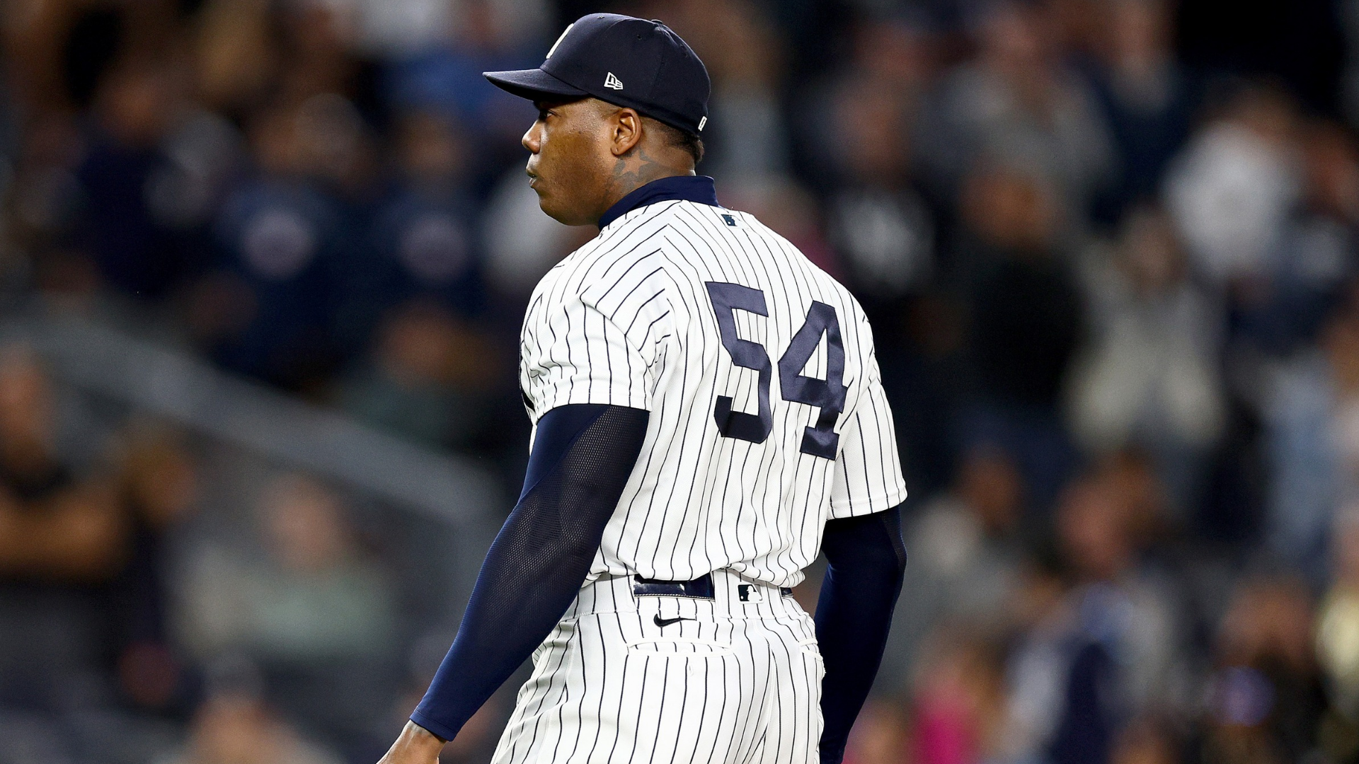 Aroldis Chapman #54 of the New York Yankees celebrates the win over the Cleveland Guardians at Yankee Stadium on April 22, 2022 in the Bronx borough of New York City. The New York Yankees defeated the Cleveland Guardians 4-1. (Photo by Elsa/Getty Images)
