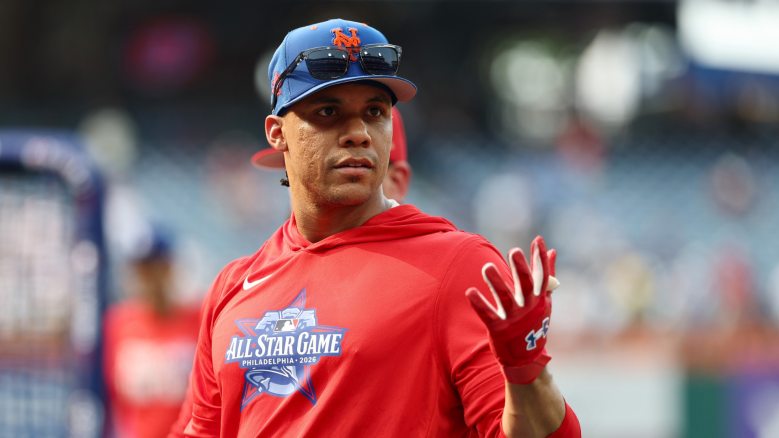 Juan Soto #22 of the New York Mets looks on before the 2026 MLB All-Star Game at Citizens Bank Park on July 14, 2026 in Philadelphia, Pennsylvania. (Photo by Emilee Chinn/Getty Images)