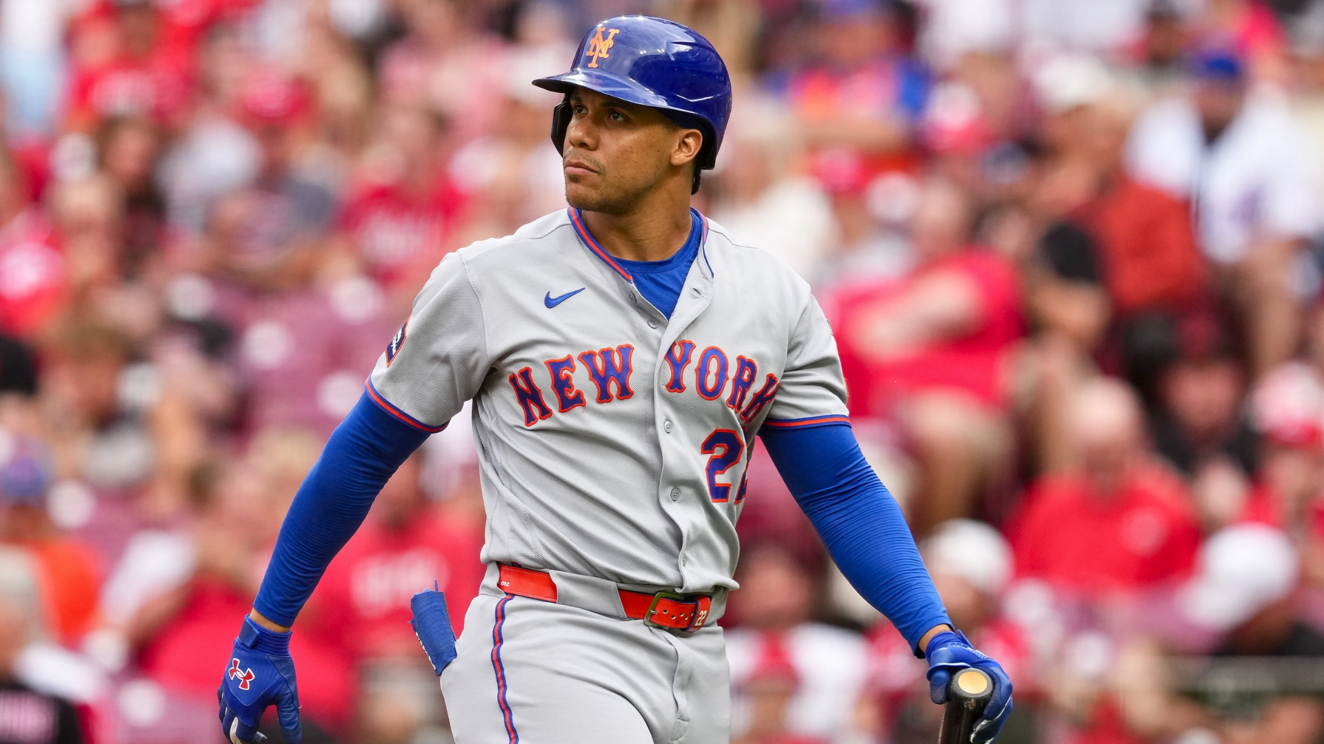 Juan Soto #22 of the New York Mets walks back to the dugout after striking out in the first inning against the Cincinnati Reds at Great American Ball Park on June 16, 2026 in Cincinnati, Ohio. (Photo by Dylan Buell/Getty Images)