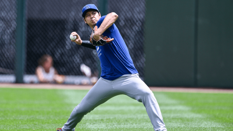 Shohei Ohtani #17 of the Los Angeles Dodgers throws a pitch during batting practice prior to the game against the Chicago White Sox at Rate Field on June 13, 2026 in Chicago, Illinois. (Photo by Zoe Davis/Getty Images)
