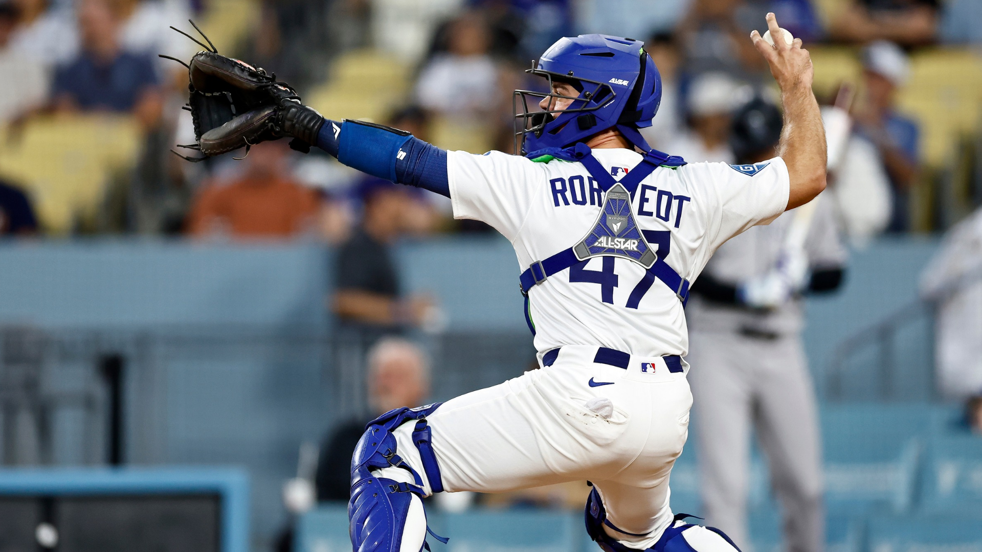 Ben Rortvedt #47 of the Los Angeles Dodgers warms up before a game against the Colorado Rockies at Dodger Stadium on September 08, 2025 in Los Angeles, California. (Photo by Ronald Martinez/Getty Images)
