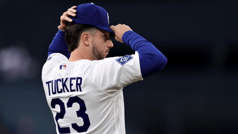 Kyle Tucker #23 of the Los Angeles Dodgers puts on his hat before the game against the Cleveland Guardians at Dodger Stadium on March 30, 2026 in Los Angeles, California. (Photo by Luke Hales/Getty Images)