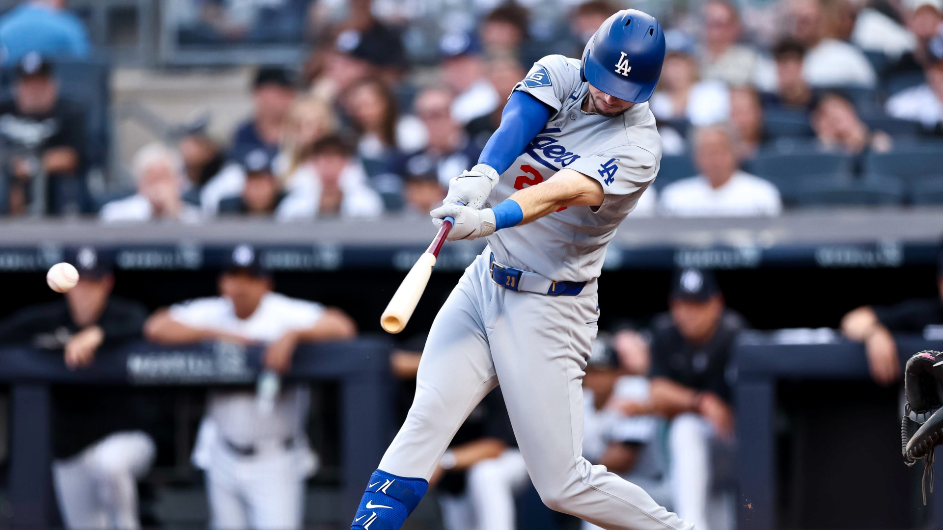 Kyle Tucker #23 of the Los Angeles Dodgers singles to center field during the second inning against the New York Yankees at Yankee Stadium on July 17, 2026 in New York City. (Photo by Caleb Bowlin/Getty Images)