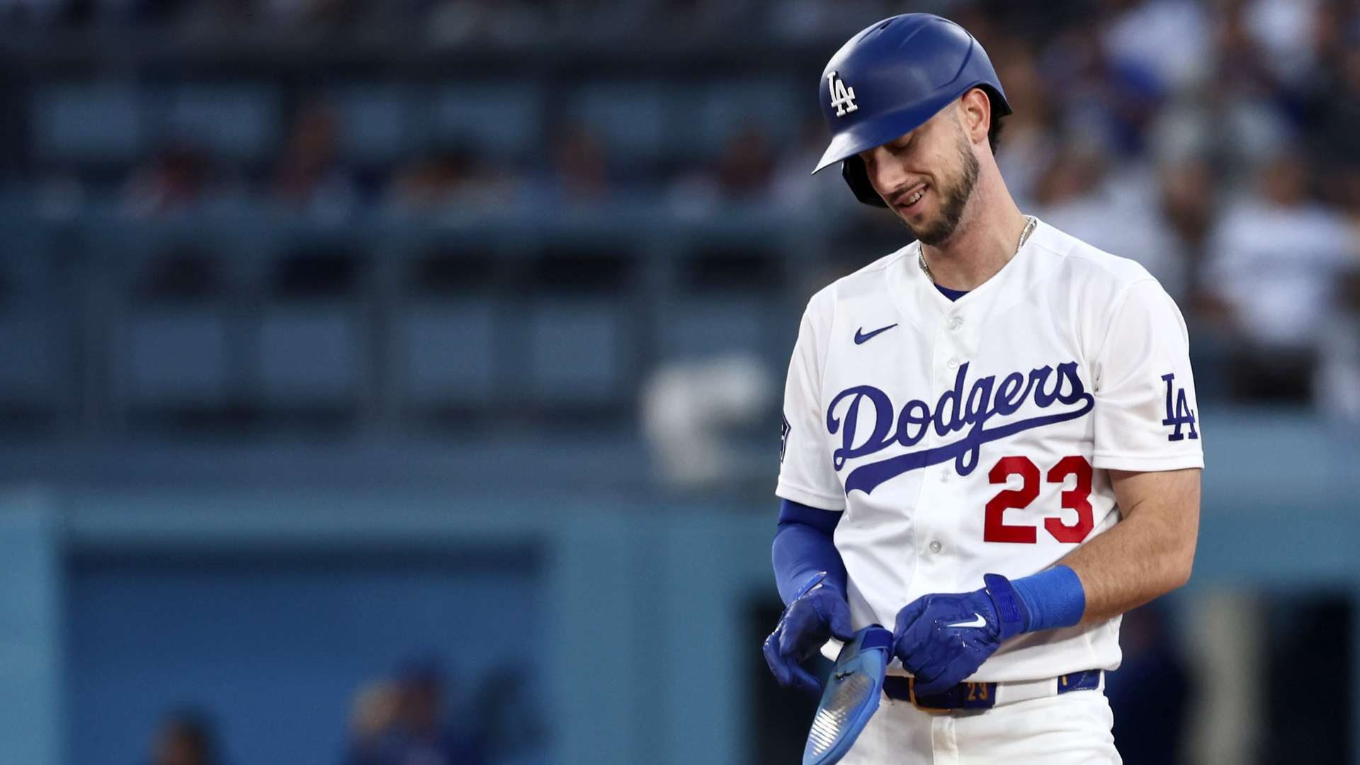 Kyle Tucker #23 of the Los Angeles Dodgers reacts after a double during the second inning against the San Francisco Giants at Dodger Stadium on May 13, 2026 in Los Angeles, California. (Photo by Katelyn Mulcahy/Getty Images)