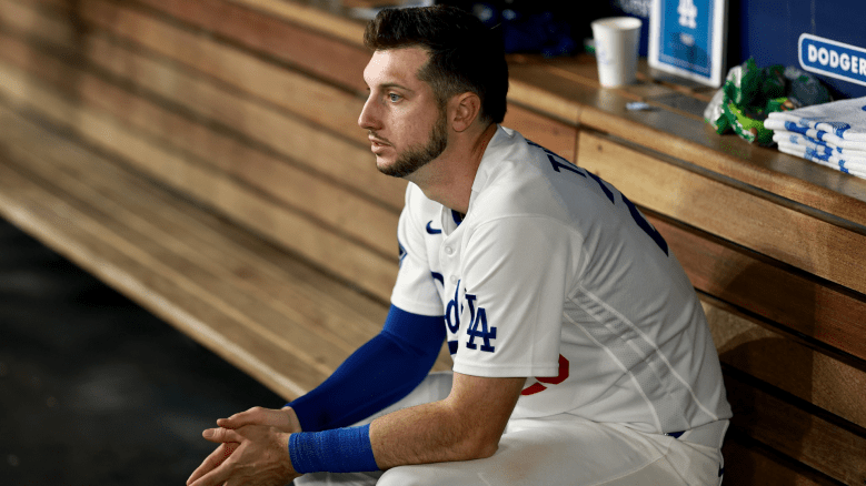 Kyle Tucker #23 of the Los Angeles Dodgers looks on in the dugout against the Chicago Cubs at Dodger Stadium on April 24, 2026 in Los Angeles, California. (Photo by Luke Hales/Getty Images)