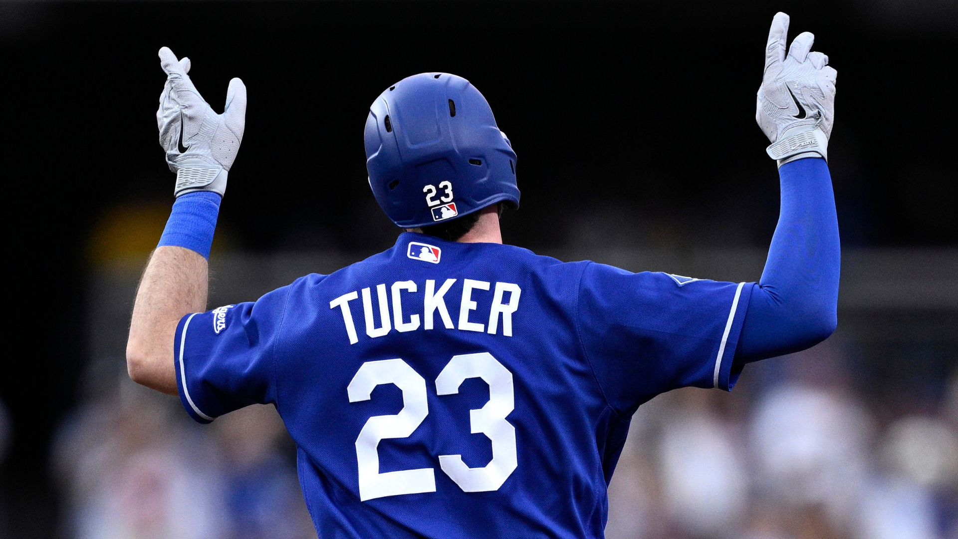 Kyle Tucker #23 of the Los Angeles Dodgers celebrates after hitting a two-run home run against the San Diego Padres during the sixth inning at Petco Park on June 27, 2026 in San Diego, California. (Photo by Orlando Ramirez/Getty Images)