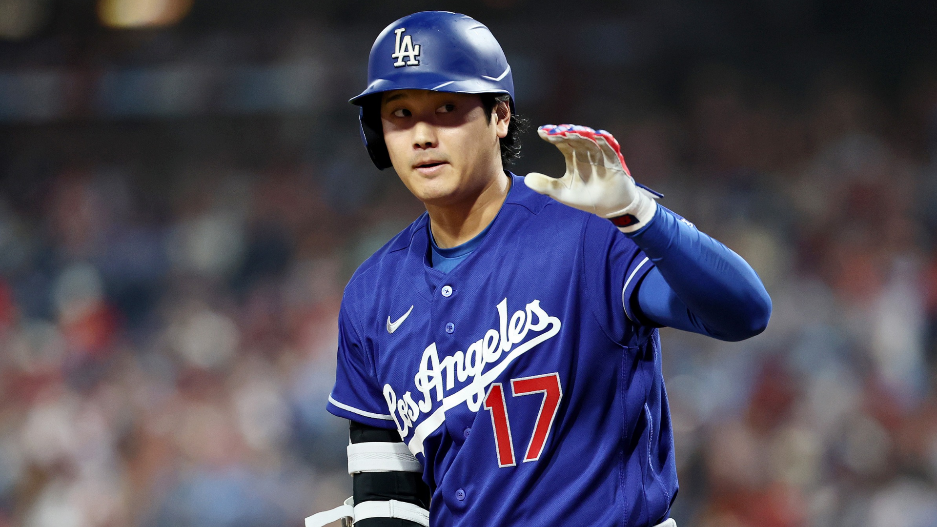Shohei Ohtani #17 of the Los Angeles Dodgers reacts at bat in the first inning against the Philadelphia Phillies at Citizens Bank Park on July 21, 2026 in Philadelphia, Pennsylvania. (Photo by Emilee Chinn/Getty Images)