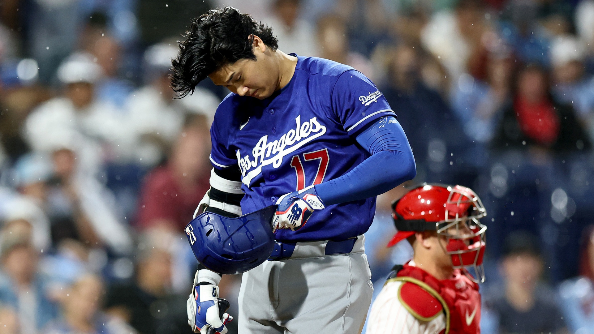 Shohei Ohtani #17 of the Los Angeles Dodgers reacts at bat in the eighth inning during a game against the Philadelphia Phillies at Citizens Bank Park on July 21, 2026 in Philadelphia, Pennsylvania. (Photo by Emilee Chinn/Getty Images)