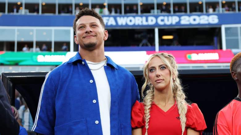 Patrick Mahomes of the Kansas City Chiefs and Brittany Mahomes attend the FIFA World Cup 2026 Group J match between Argentina and Algeria at Kansas City Stadium on June 16, 2026 in Kansas City, Missouri