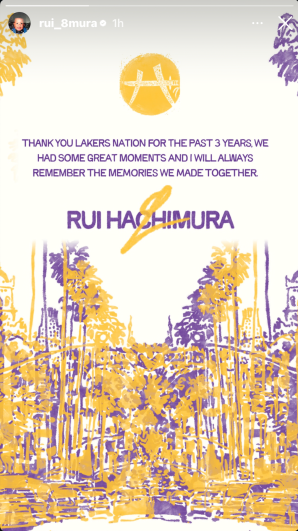 Screenshot of Rui Hachimura's Instagram post thanking Lakers Nation after leaving the team to sign with the Los Angeles Clippers.